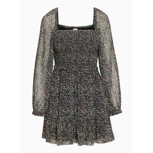 Wilfred Tempest Dress Black Floral Smocked Sheer Long Sleeve Square Neck Size XL